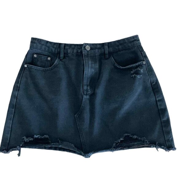 Missguided Womens Black Cotton‎ A-Line Denim Jean Skirt Small Raw Hem - Picture 1 of 13
